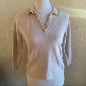 LIV Milano Cream V-Neck Collared Sweater with Diamond Look Embellished Collar:XS